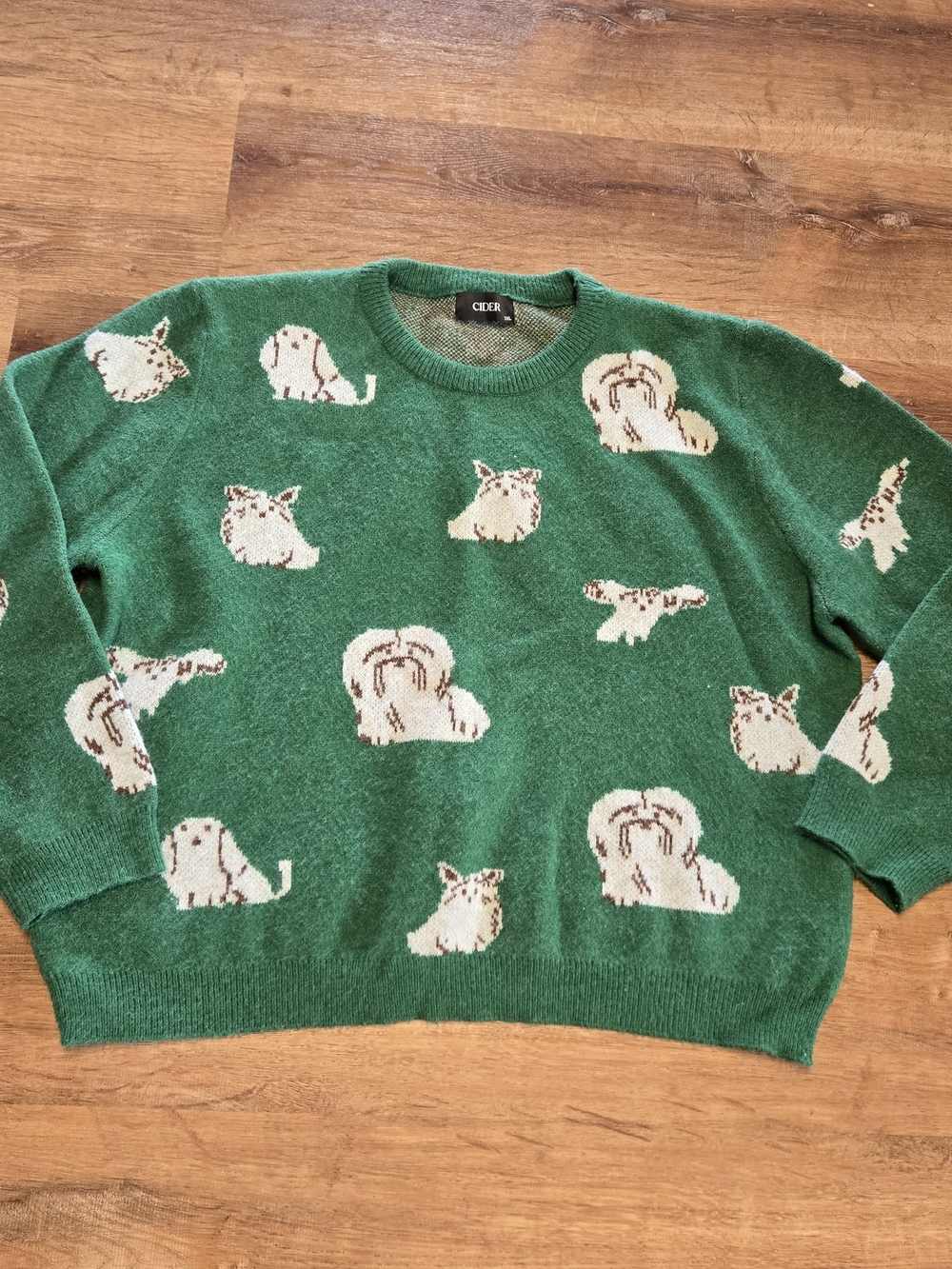Cider Green Crewneck Sweater with Dog Motif 2XL Shitzu Dachsund